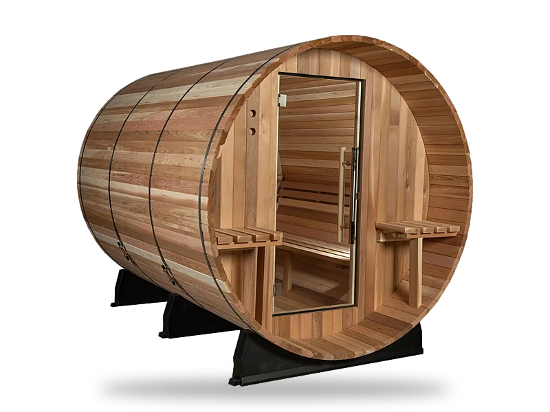 Almost Heaven Huntington 4–6 person canopy barrel sauna with covered front porch