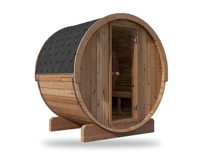 SaunaLife E6 3-person barrel sauna with shingled roof and glass door
