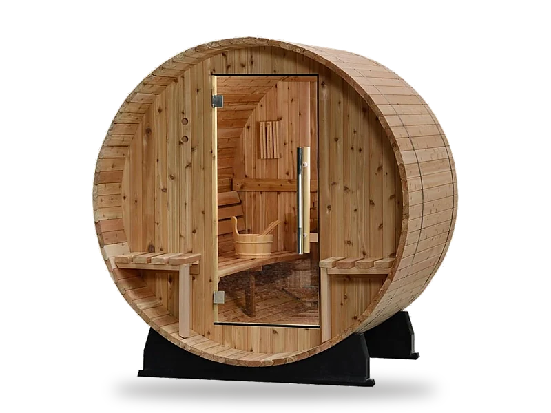 Almost Heaven Vienna 2-person cedar barrel sauna with canopy porch and side benches