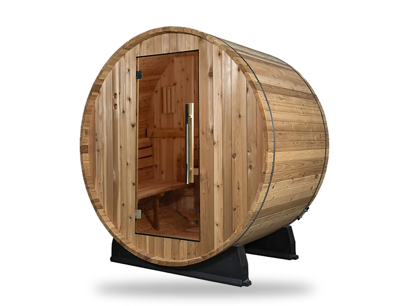 Almost Heaven Watoga 2–4 person cedar barrel sauna on black cradles