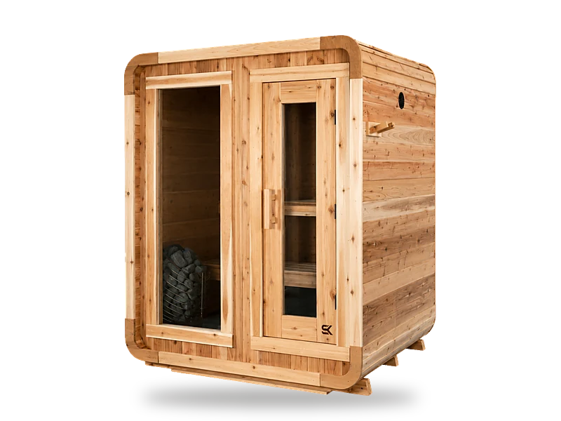 Sweat Kingdom Sweat Cabin 4-person red cedar cabin sauna with picture window and glass door