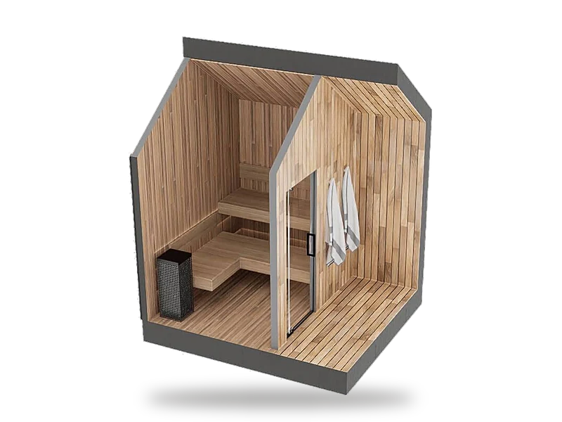 Sweaty Yeti Sauna cutaway render: 8 by 9 foot cedar sauna room with two-level benches, electric heater and glass door