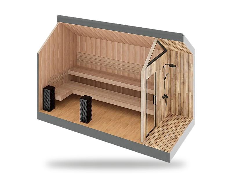 Sweaty Yeti Sauna Max cutaway render: long cedar sauna room with two bench levels and outdoor shower deck