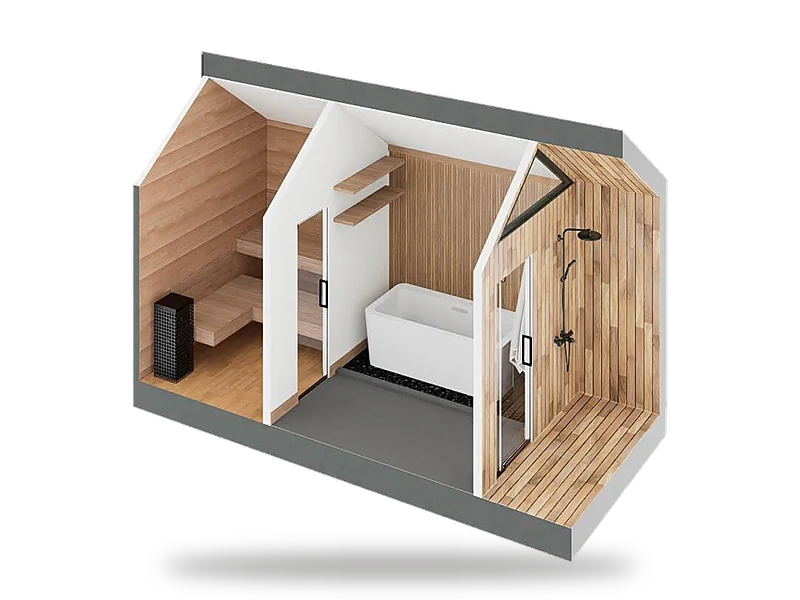 Sweaty Yeti Sauna Plunge cutaway render: cedar sauna, cold plunge room with tub, and outdoor shower deck