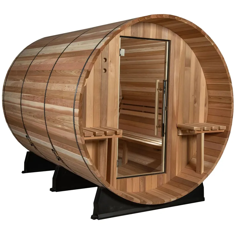 Almost Heaven Huntington 4–6 person canopy barrel sauna with covered front porch