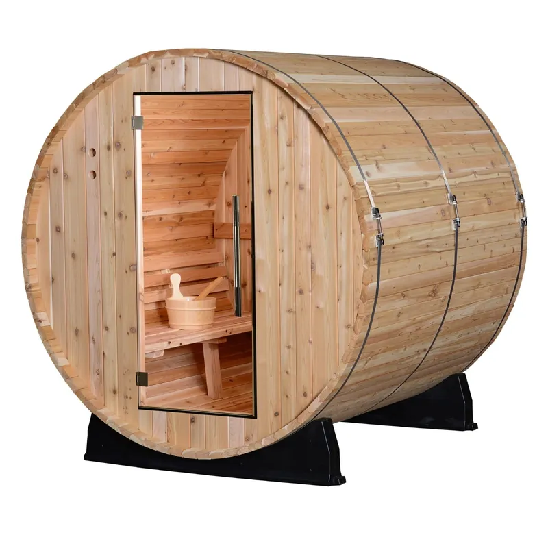 Almost Heaven Pinnacle 4-person classic cedar barrel sauna, exterior view
