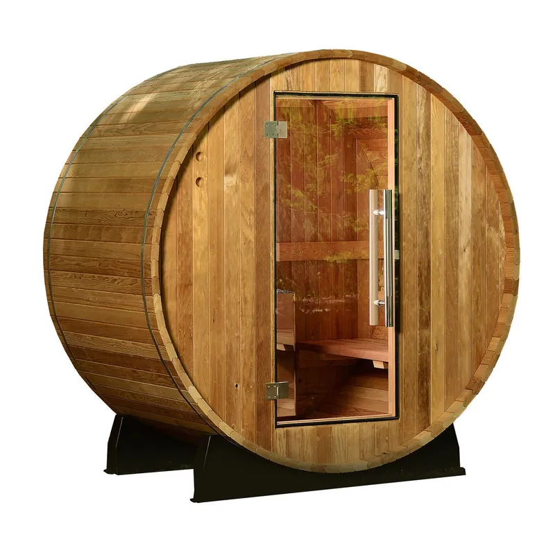Almost Heaven Salem 2-person cedar barrel sauna with glass door, on an outdoor deck