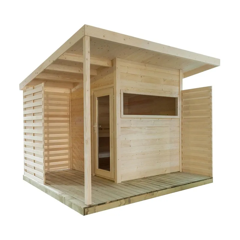 Almost Heaven Timberline 6-person outdoor cabin sauna in natural spruce with wrap-around porch