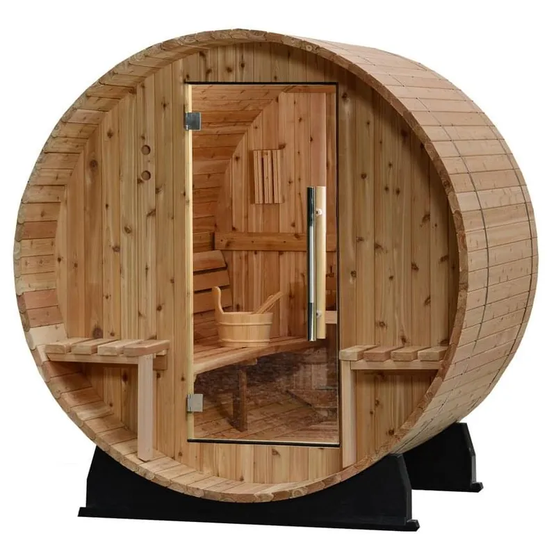 Almost Heaven Vienna 2-person cedar barrel sauna with 1-foot canopy porch and side benches