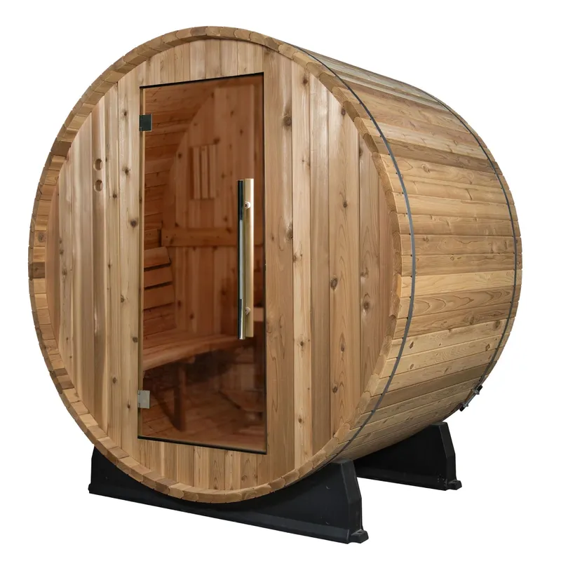 Almost Heaven Watoga 2–4 person cedar barrel sauna with glass door, on black cradles