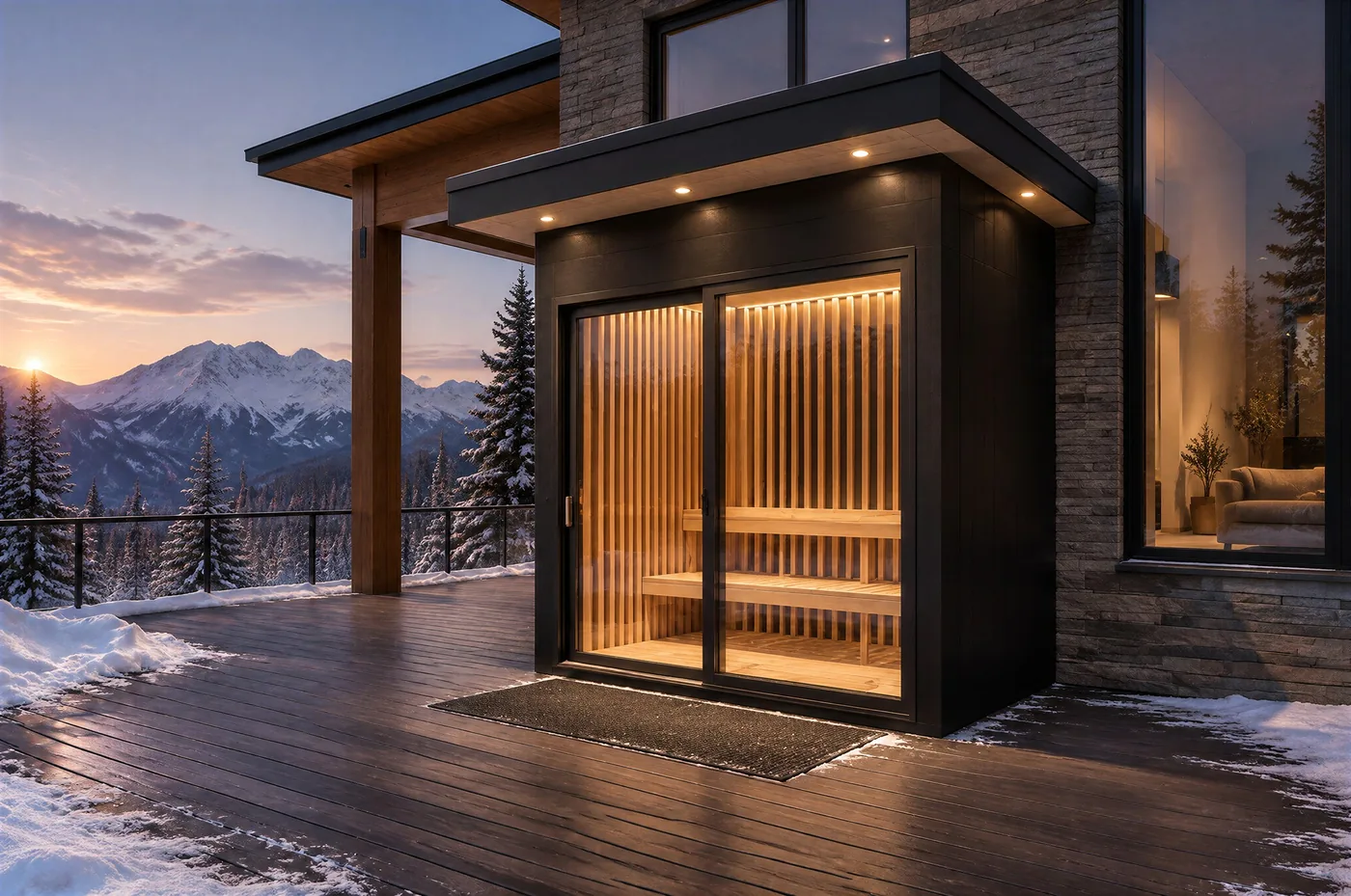 SaunaCloud Outdoor infrared sauna design concept render with black vertical exterior