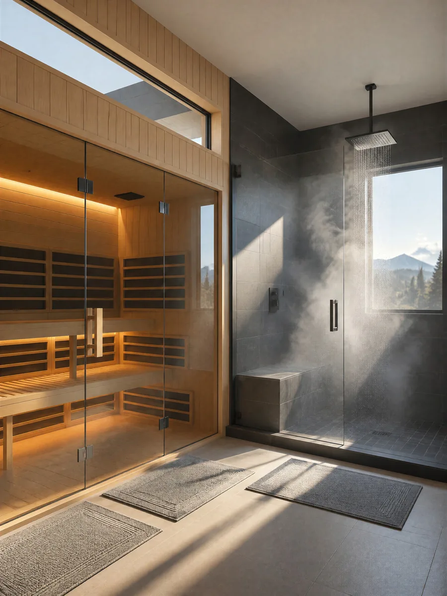SaunaCloud Sierra line design concept render: classic window-pane wood infrared sauna